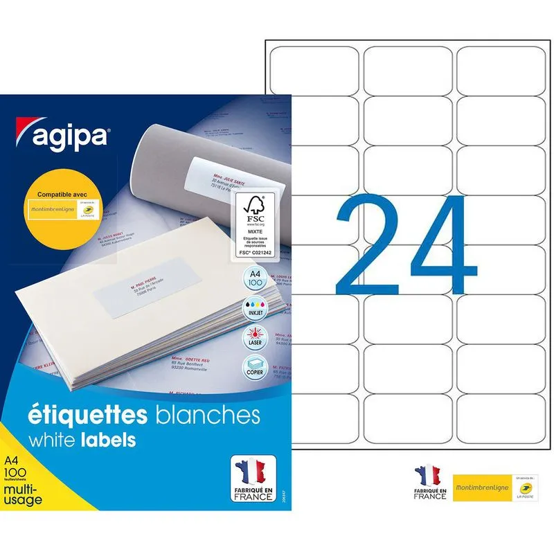 Apli Agipa - 2400 Étiquettes adhésives blanches multi-usages - 63,5 x 33,9 mm - coins arrondis - réf 101309