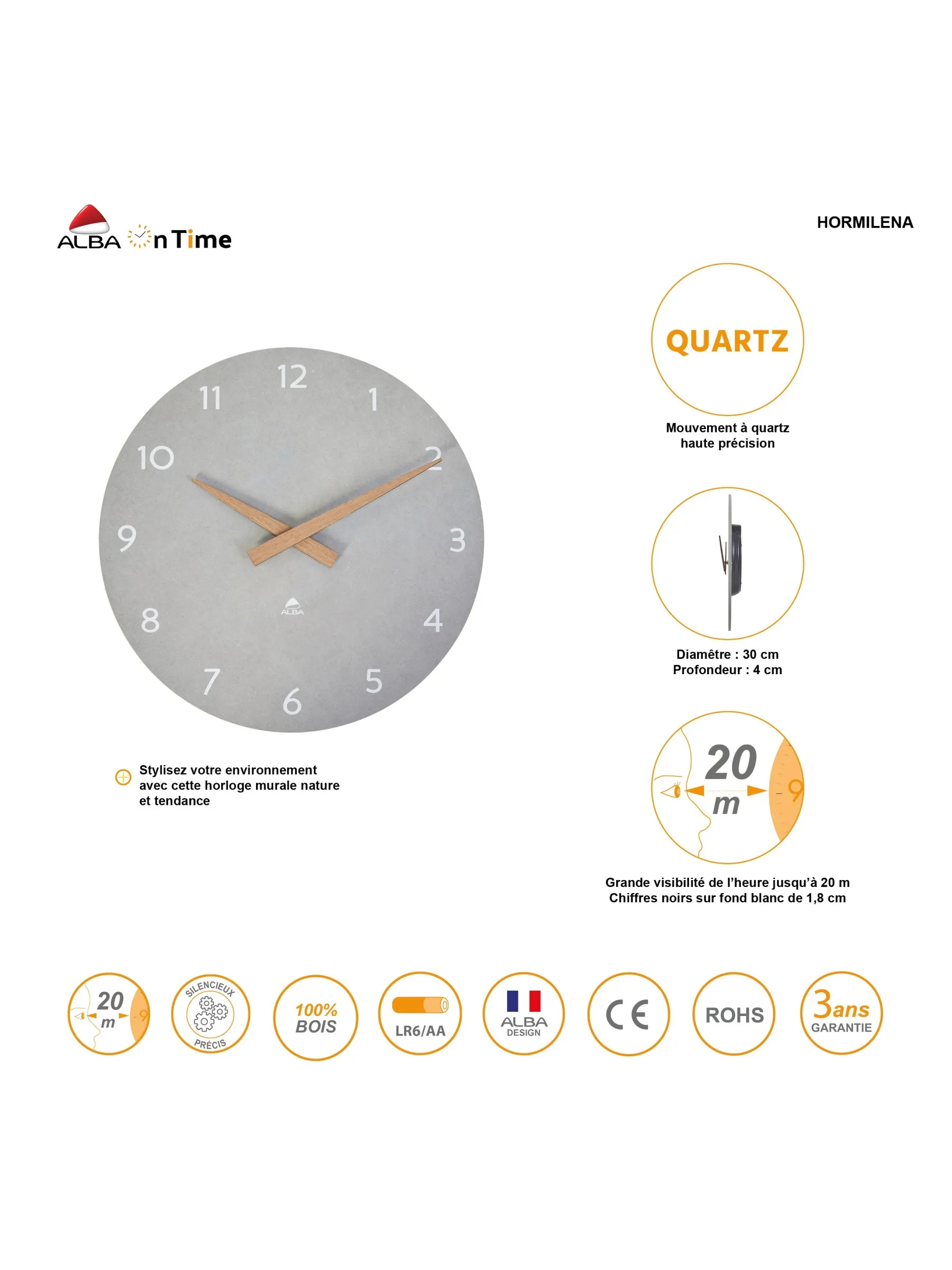 HORLOGE MURALE BOIS GRIS HORMILENA
