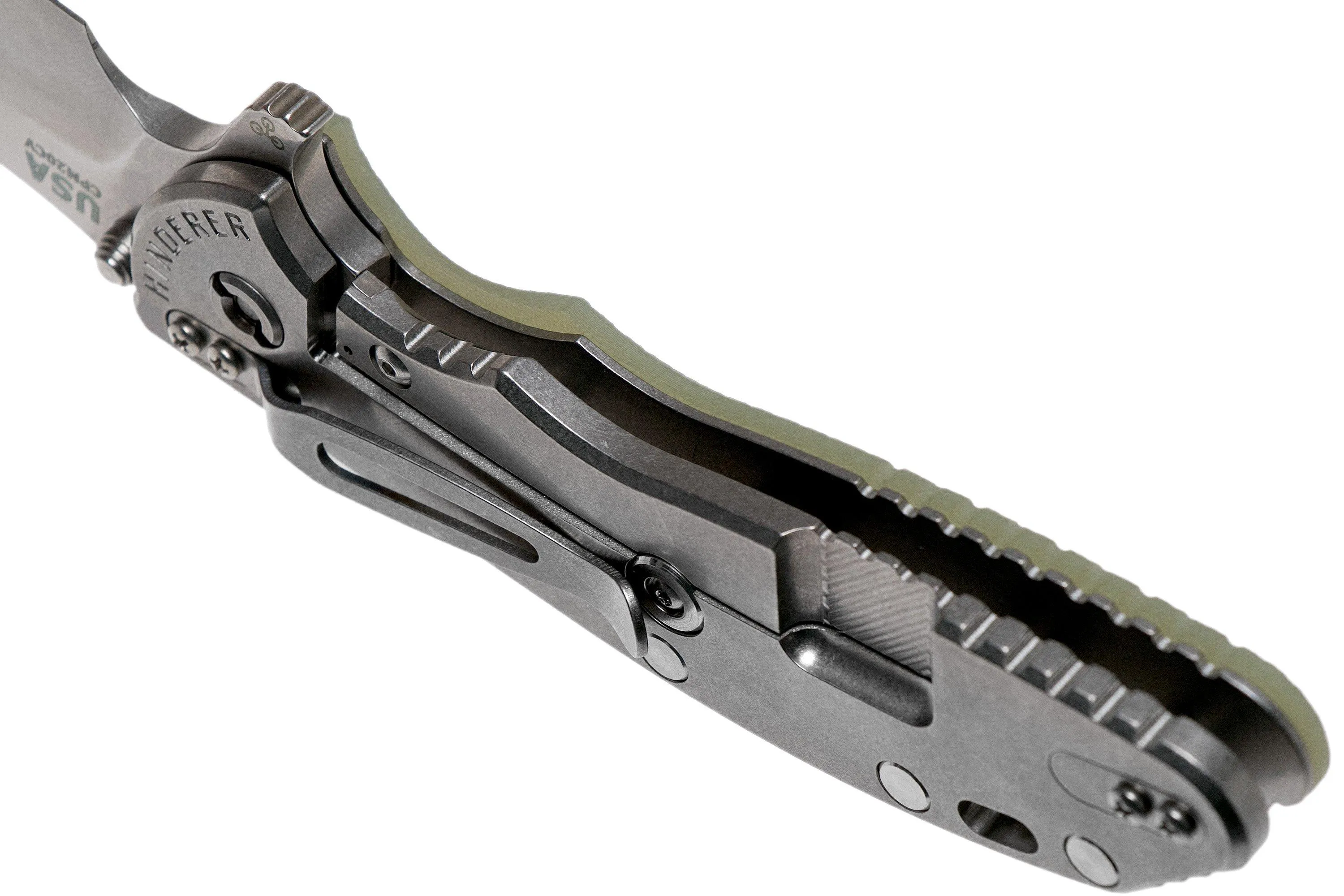 Rick Hinderer XM-24 4” Bowie, CPM 20CV, Stonewashed, Translucent Green G10 couteau de poche