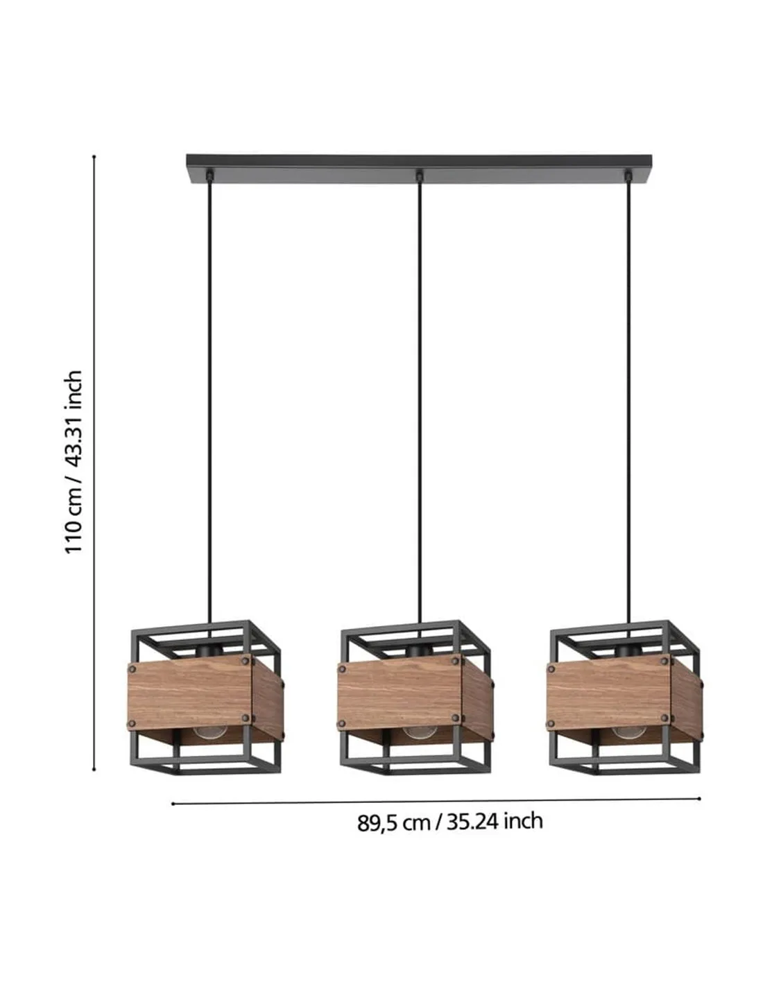 Suspension vintage en acier et bois à 3 lumières EVESHAM | ÉGLOO